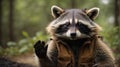 Raccoon sits and waving his paw. Character