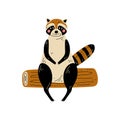 Raccoon Sitting on Log, Animal Character Having Hiking Adventure Travel or Camping Trip Vector Illustration