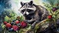 Raccoon sitting on a rock with berries. Watercolor painting