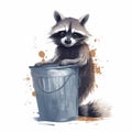 a raccoon sitting on top of a trash can with its paws on the top of the trash can and looking at the camera