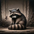 Sad Raccoon Sitting in a Dimly Lit Forest