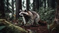 A raccoon standing on a tree stump in a forest. Generative AI image. Royalty Free Stock Photo