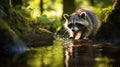 a raccoon standing in water