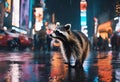 raccoon standing on wet ground in city at night