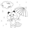A raccoon stands with a umbrella and boots under the cloud. Drawn in black and white style