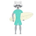 Raccoon surfer with surfboard. Hand drawn anthropomorphic animal