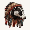 Raccoon totem wild animal head wearing Indian feathered headgear