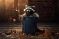 Raccoon in trash can leans out mouth open autumn. AI generated Royalty Free Stock Photo