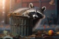 Raccoon in trash can leans out mouth open autumn. AI generated Royalty Free Stock Photo