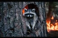 raccoon in tree hollow, glowing forest fire nearby Royalty Free Stock Photo