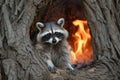 raccoon in tree hollow, glowing forest fire nearby Royalty Free Stock Photo