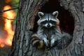 raccoon in tree hollow, glowing forest fire nearby Royalty Free Stock Photo