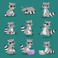 Raccoon vector illustration cartoon set of fun smile drawing artwork furry cartoon raccoon cute mammal. Wild tail nature