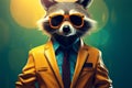 Raccoon in vintage cartoon style, dons blue suit, tie, large glasses Royalty Free Stock Photo