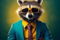 Raccoon in vintage cartoon style, dons blue suit, tie, large glasses Royalty Free Stock Photo