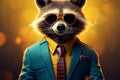 Raccoon in vintage cartoon style, dons blue suit, tie, large glasses Royalty Free Stock Photo