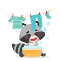 The raccoon washes clothes in a basin. Clothes drying on a rope from above. Drawn in cartoon style.