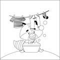 The raccoon washes clothes in a basin. Drawn in black and white style