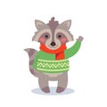 Raccoon Wear Funny Winter Sweaters and Scarf Waving Hand Greeting New Year or Christmas. Cute Animal Cartoon Character Royalty Free Stock Photo