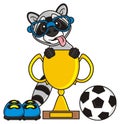 Raccoon wearing glasses and with his tongue hanging out sitting in the football cup