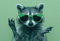 a raccoon wearing green sunglasses making a hand gesture