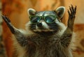 raccoon wearing green sunglasses raising his arms