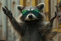 raccoon wearing green sunglasses raising his arms