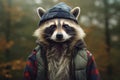 raccoon wearing a scarf and a vest. refinement and style. adorned with a vibrant scarf and a fashionable vest, attire gi