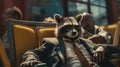 A raccoon wearing a suit and tie relaxing sitting in an office chair, AI