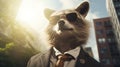 A raccoon wearing a suit and tie with sunglasses on, AI