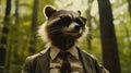 A raccoon wearing a suit and tie with sunglasses in the woods, AI