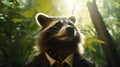 A raccoon wearing a suit and tie in the woods, AI