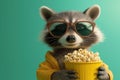 A raccoon wearing sunglasses and holding a bucket of popcorn, with a teal background providing copy space, ideal for