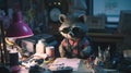 A raccoon wearing sunglasses sitting at a desk. Generative AI image.