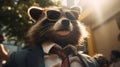 A raccoon wearing sunglasses and a suit with tie, AI