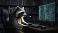 Raccoon working late at night, programming on computer in office library Royalty Free Stock Photo