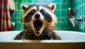 Raccoon yawning in bathtub with its mouth open. Generative AI Royalty Free Stock Photo