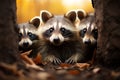 Raccoons add humor to the autumn forest in the animal kingdom