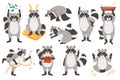 Raccoons cute animal set, funny racoon in different adorable poses childish collection