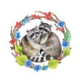 Raccoons embrace in a floral frame in a ring, wreath. Lovely loving animals in embraces isolated on white background. Watercolor. Royalty Free Stock Photo