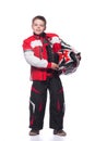 Race car or bike driver. The boy in the costume of the racer isolated on white background