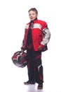 Race car or bike driver. The boy in the costume of the racer isolated on white background