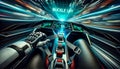 Race car cockpit view where a racers gloved hand is reaching to fasten a high-tech seatbelt. Above the dashboard a holographic Royalty Free Stock Photo