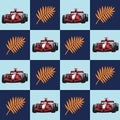 Race car and palm branch. Pattern