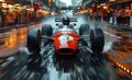 Race car speeding down the street with rain and red lights Royalty Free Stock Photo