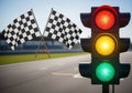 Race day starting lights and checkered flags signaling the beginning of the competition Royalty Free Stock Photo