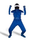 Race Driver In Blue White Motorsport Overall Shoes Gloves And Safety Gear Crash Helmet Celebrating After Winning Isolated White