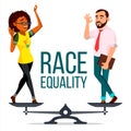 Race Equality Vector. On Scales. People Different Race And Skin Color Equal Rights. Isolated Flat Cartoon Illustration