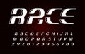 Race Letters and numbers collection. Italic bold geometric alphabet, geometrical design. Sport game vector font template