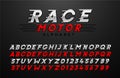 Race Motor Letters and numbers set. Red and grey vector alphabet. Italic bold racing and motor sports style vector alphabet. Font